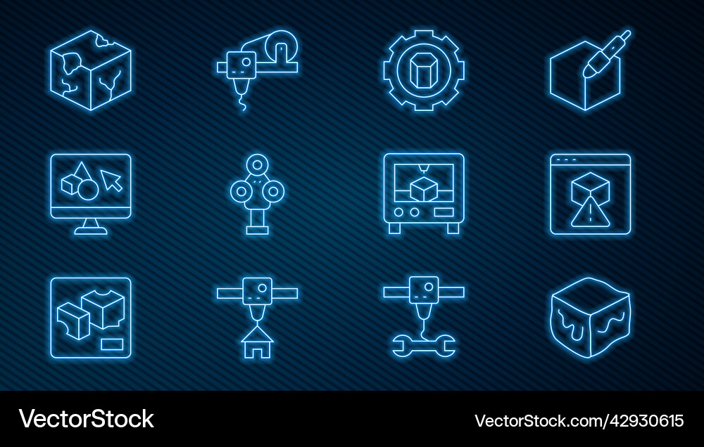 Set line isometric cube 3d printer setting Vector Image
