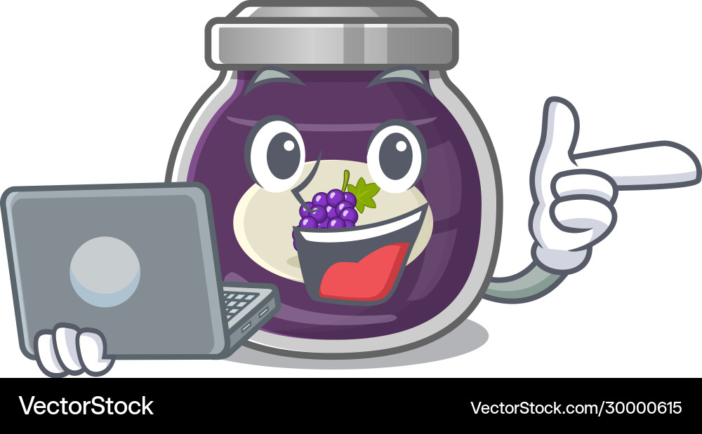 Smart character grape jam working with laptop Vector Image