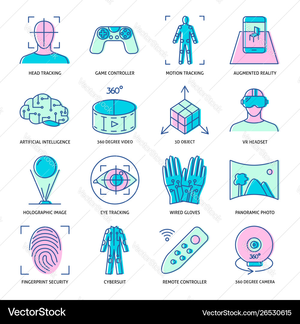 Virtual reality icon set in colored linear style Virtual reality icon set in colored linear style vector image
