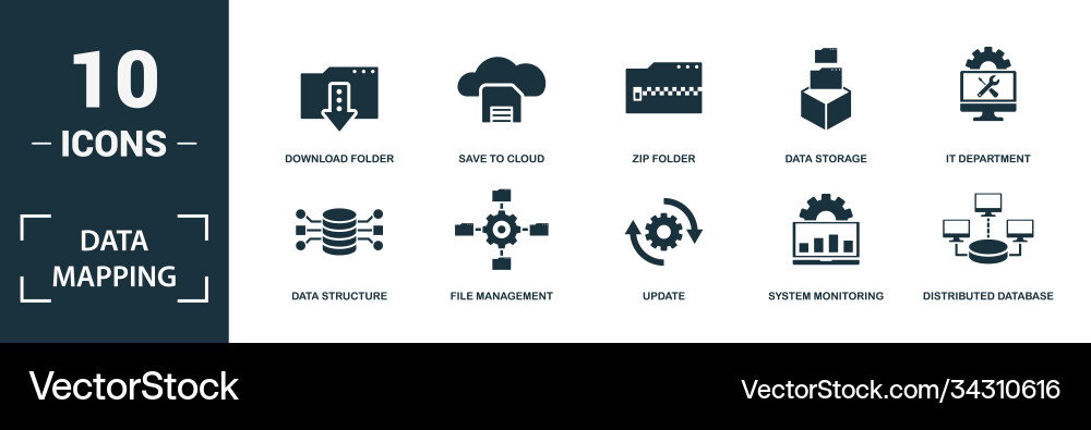 Data mapping icon set monochrome sign collection Vector Image