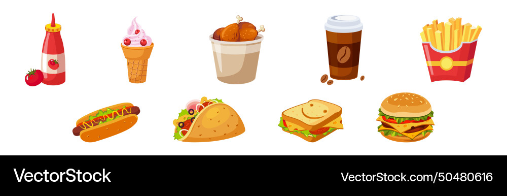 Fast food bright object and item set Fast food bright object and item set Vector Image