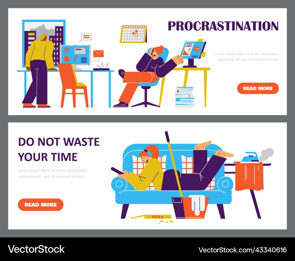 Procrastination and inefficient use of time Procrastination and inefficient use of time vector image