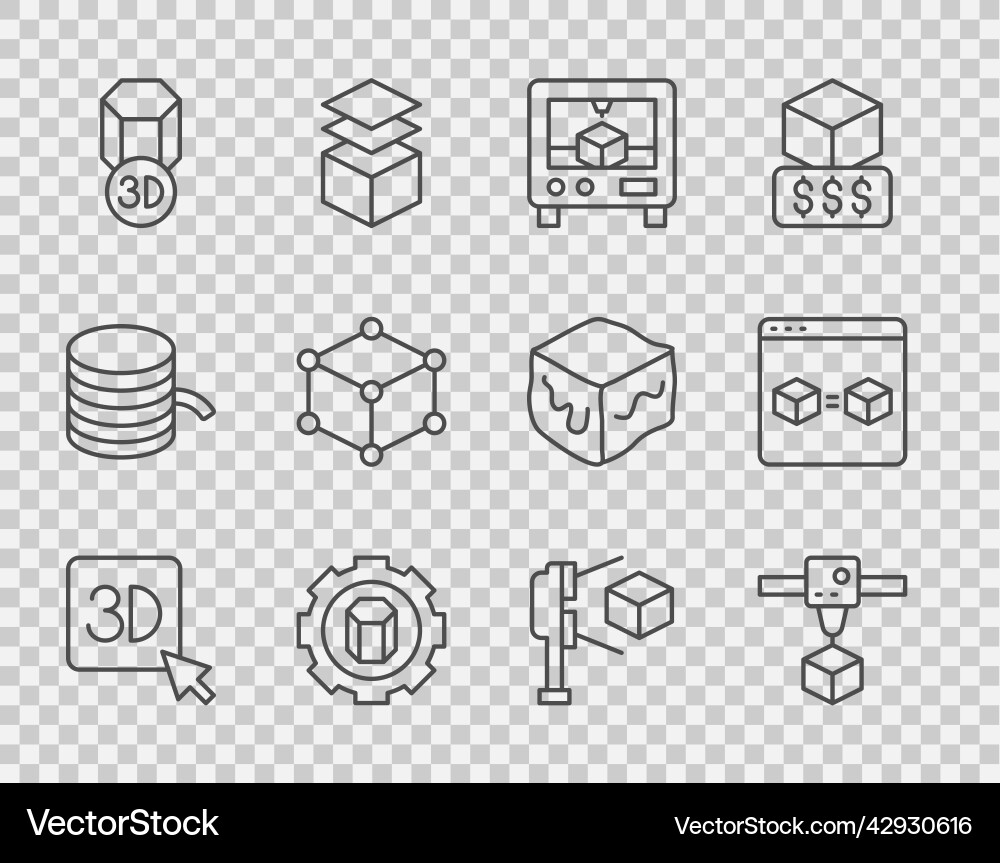 Set line 3d printer cube setting isometric Set line 3d printer cube setting isometric vector image