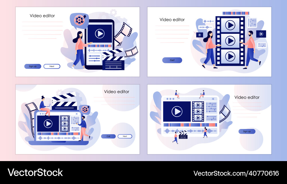 Video editor tiny people making multimedia Video editor tiny people making multimedia Vector Image