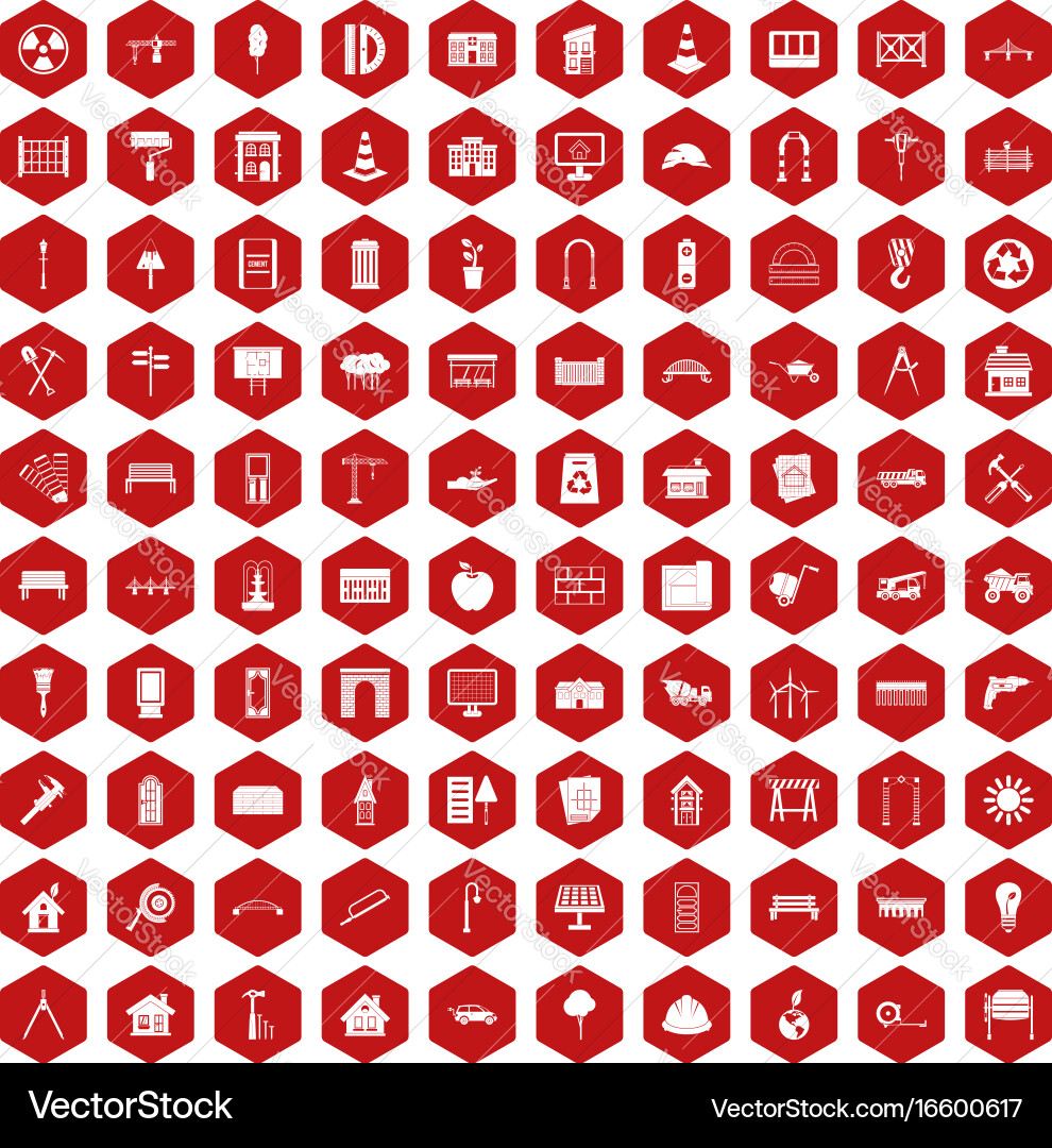 100 architecture icons hexagon red vector image