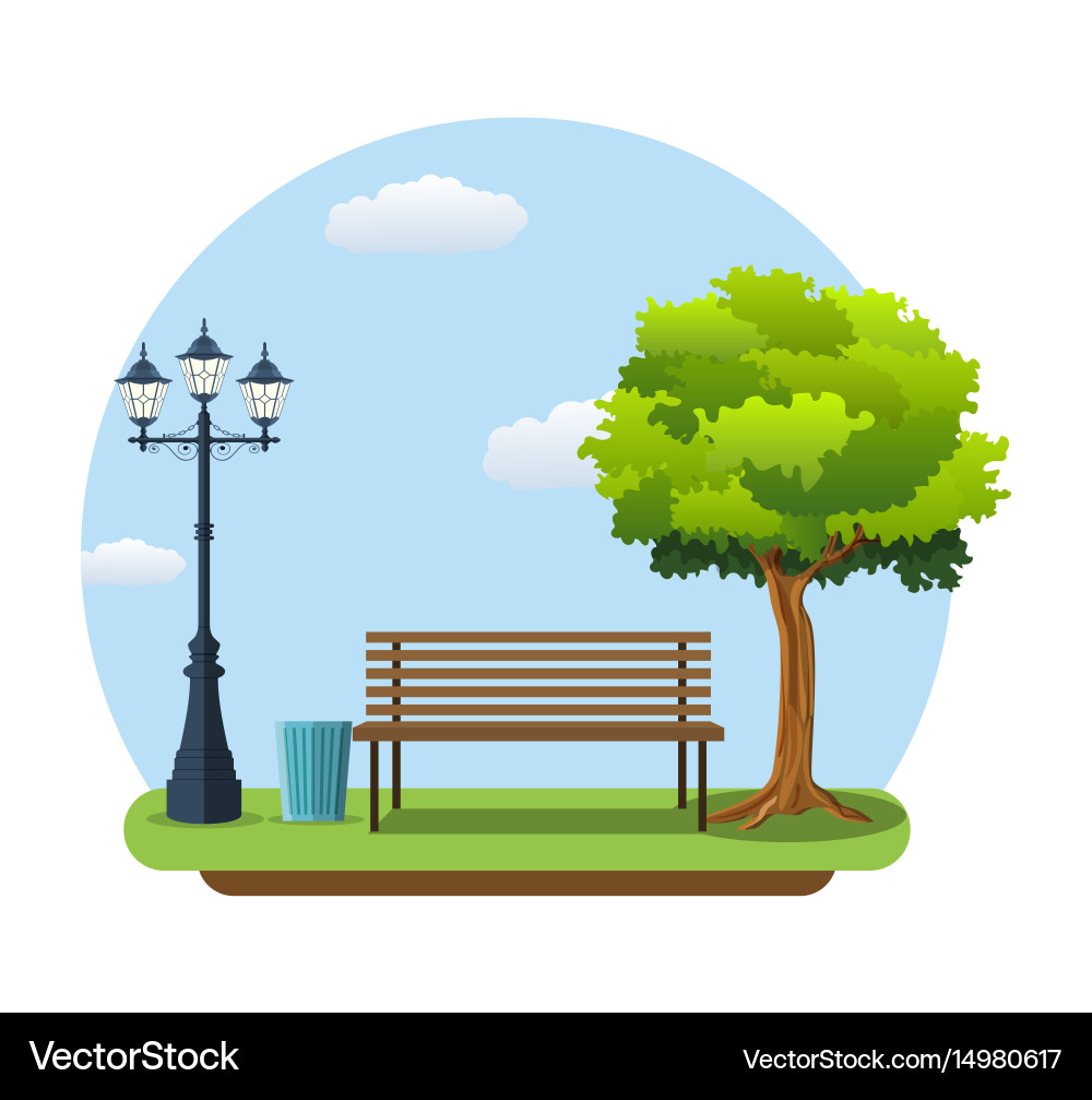 Bench with tree and lantern in the park Vector Image