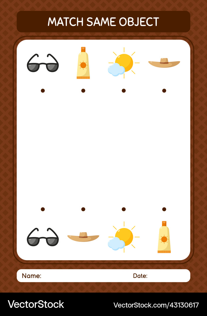 Match with same object game summer icon worksheet Match with same object game summer icon worksheet Vector Image