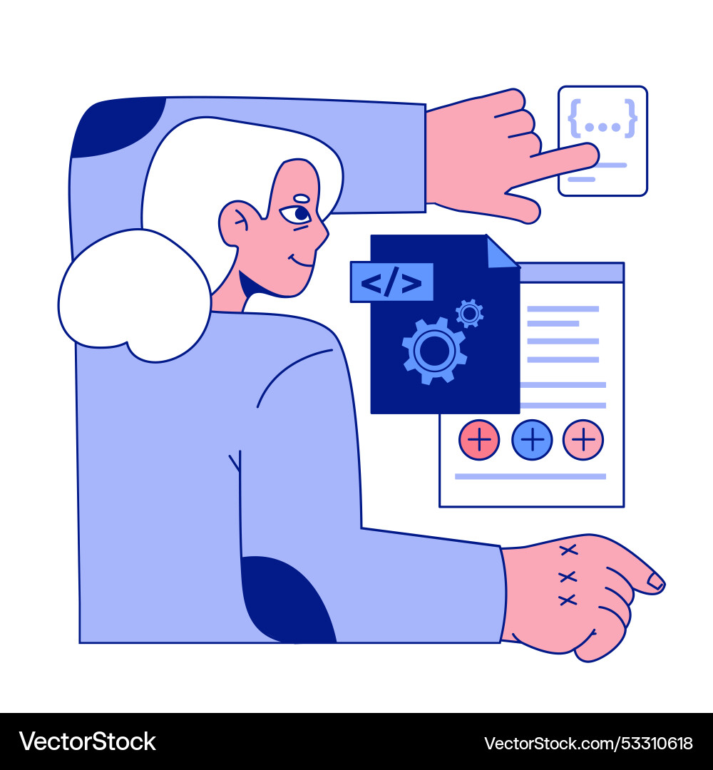Senior developer old woman programming and coding Senior developer old woman programming and coding vector image