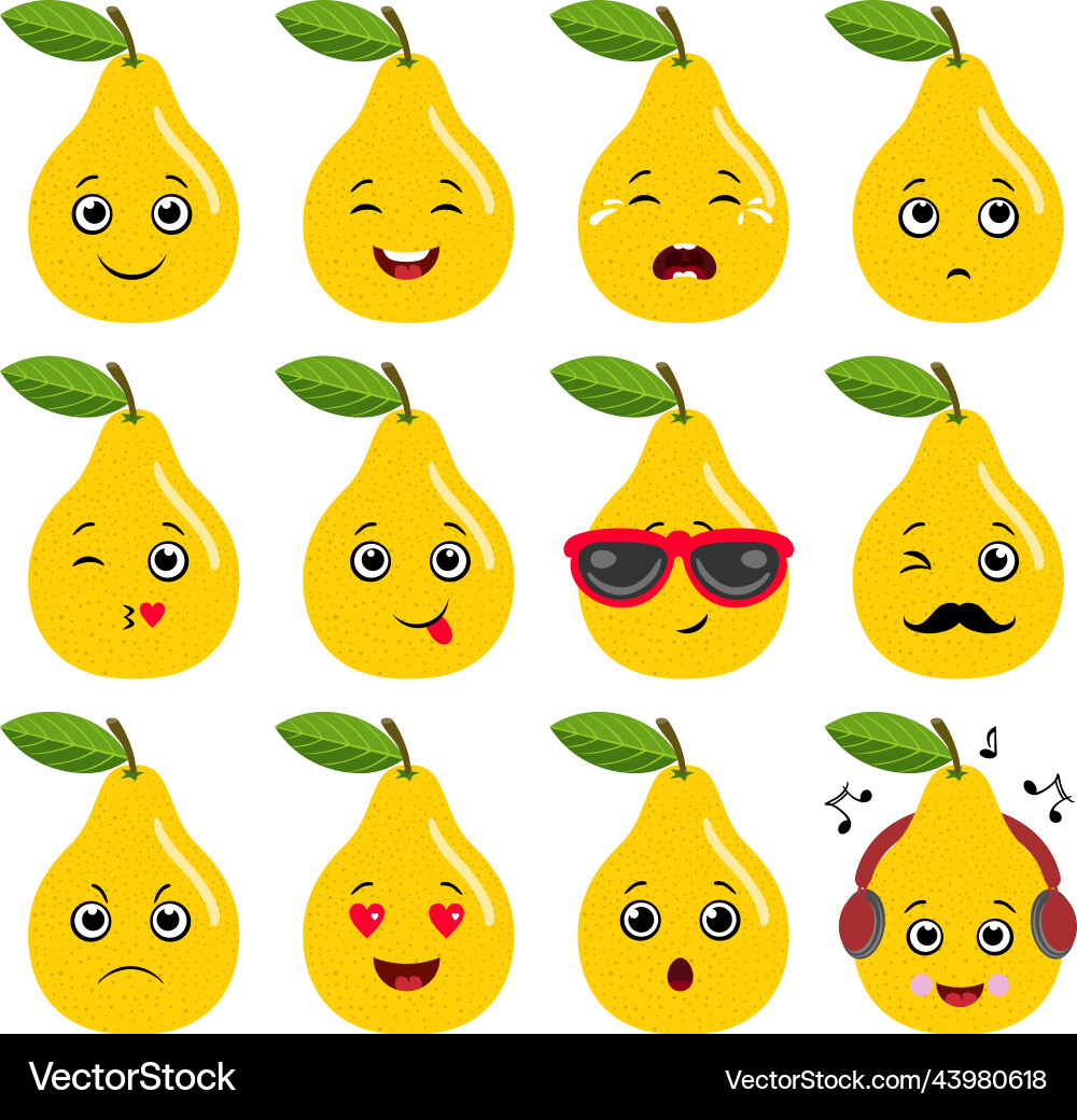 Set of a yellow pear with different expressions Set of a yellow pear with different expressions Vector Image