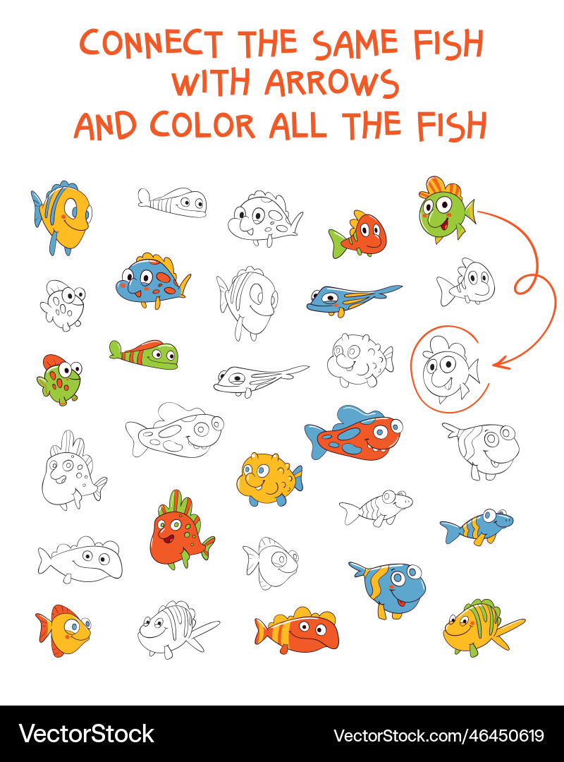 Connect the same fish with arrows matching vector image