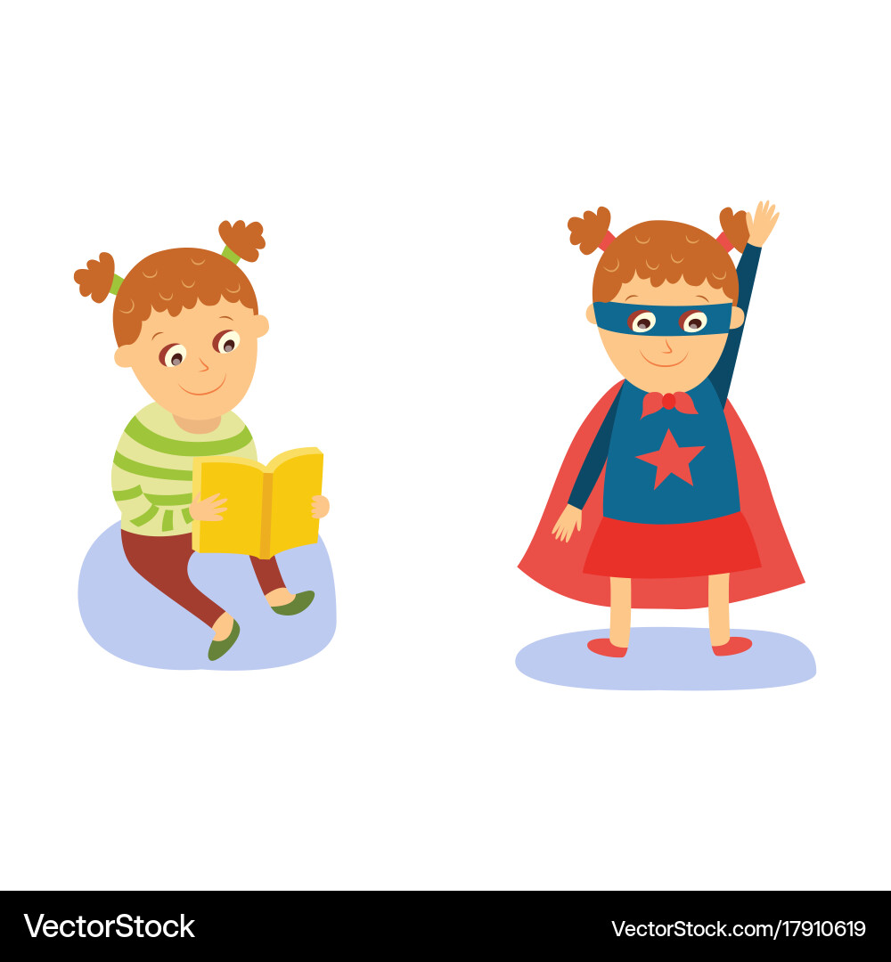 Kleine Mädchen lesen und tragen superhero Kostüm vektorbild
