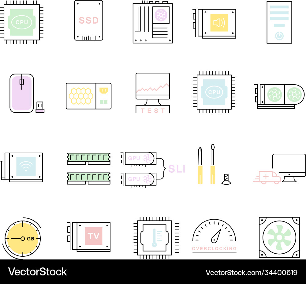 Set flat line icons upgrading computer Vector Image