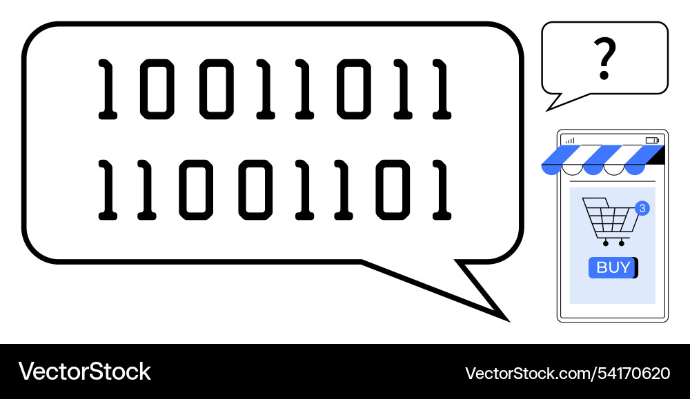 Binary code in speech bubble with online shopping Binary code in speech bubble with online shopping Vector Image