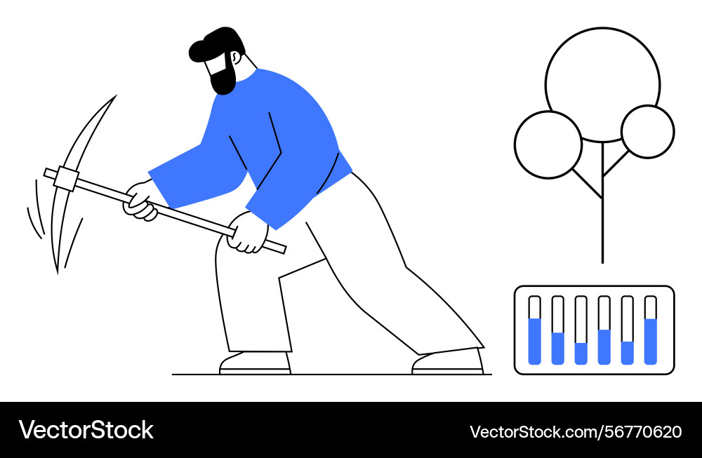 Man mining resources with pickaxe abstract tree Vector Image
