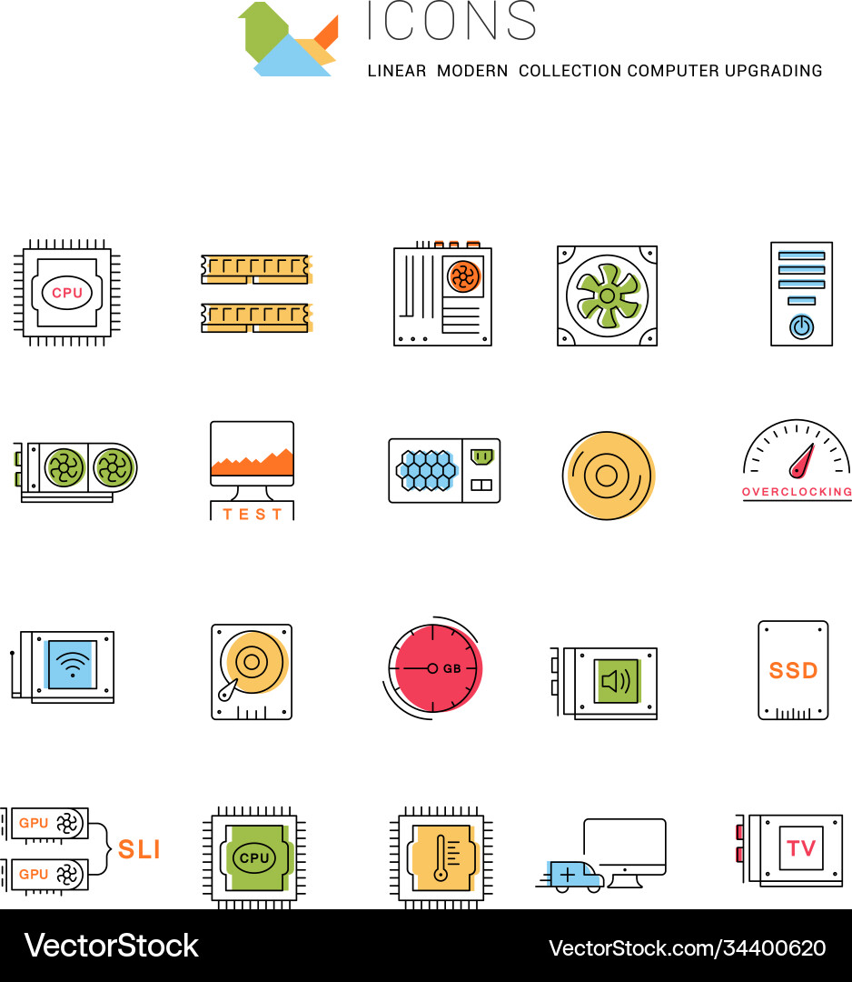 Set flat line icons upgrading computer Vector Image