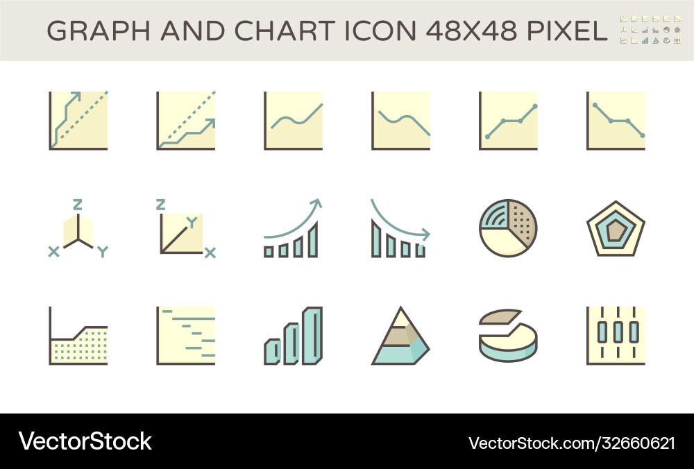 Graph and chart icon set design 48x48 pixel Graph and chart icon set design 48x48 pixel vector image