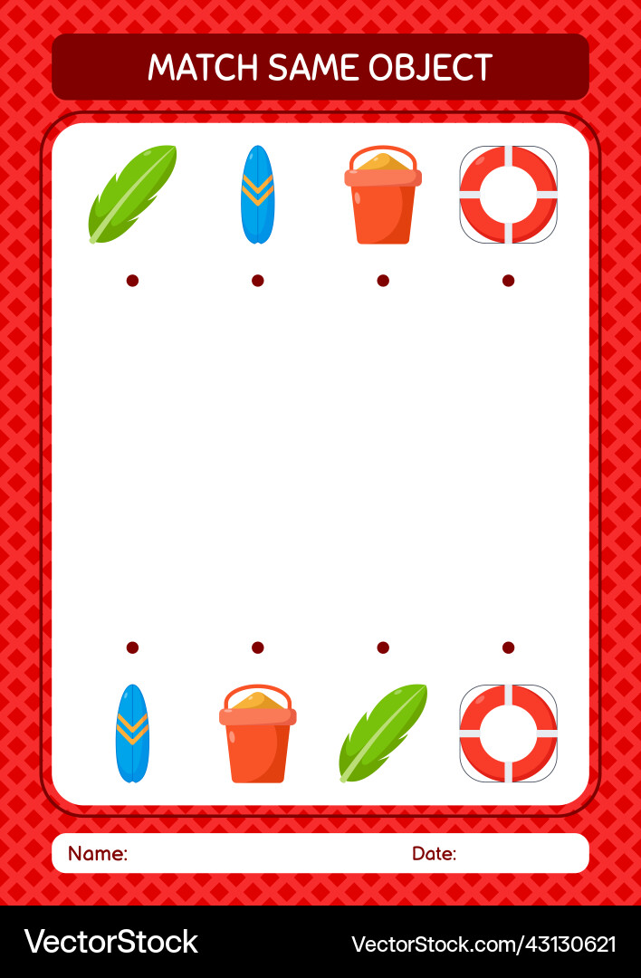 Match with same object game summer icon worksheet Match with same object game summer icon worksheet Vector Image
