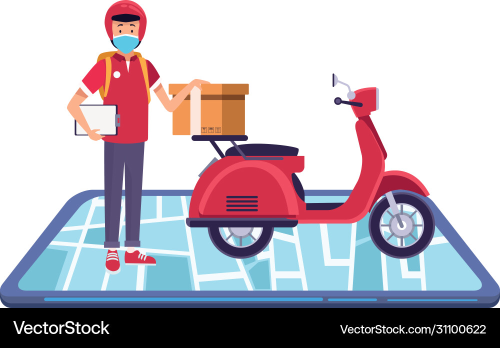 Smartphone with delivery worker using face mask Vector Image