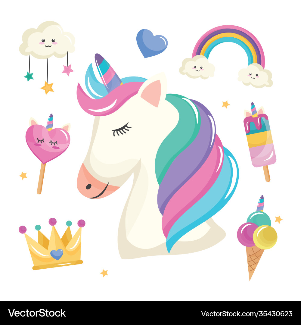 Bundle seven unicorn set icons Vector Image