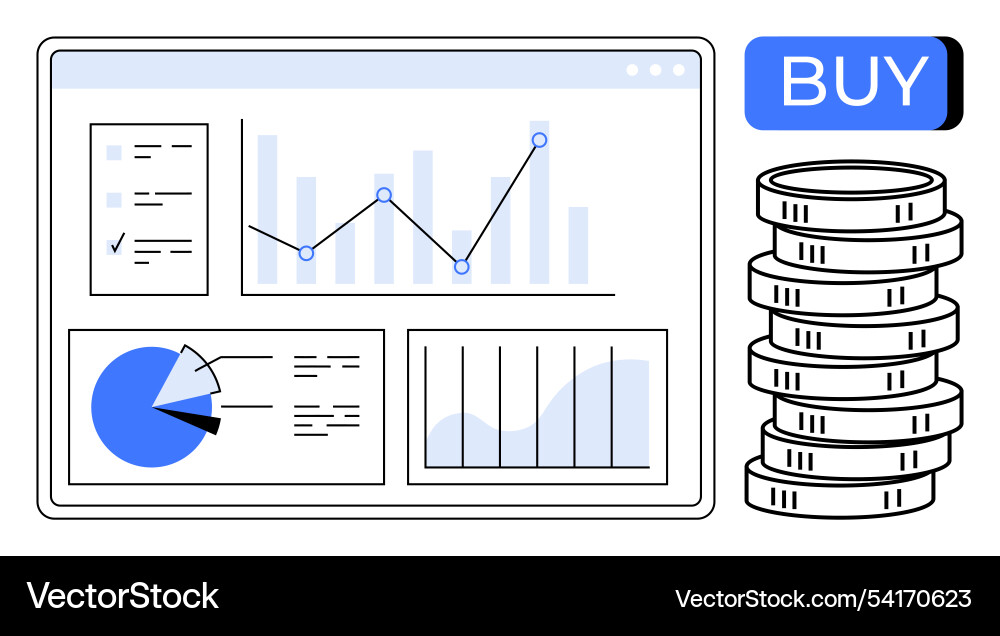 Financial dashboard with data charts and coin Vector Image