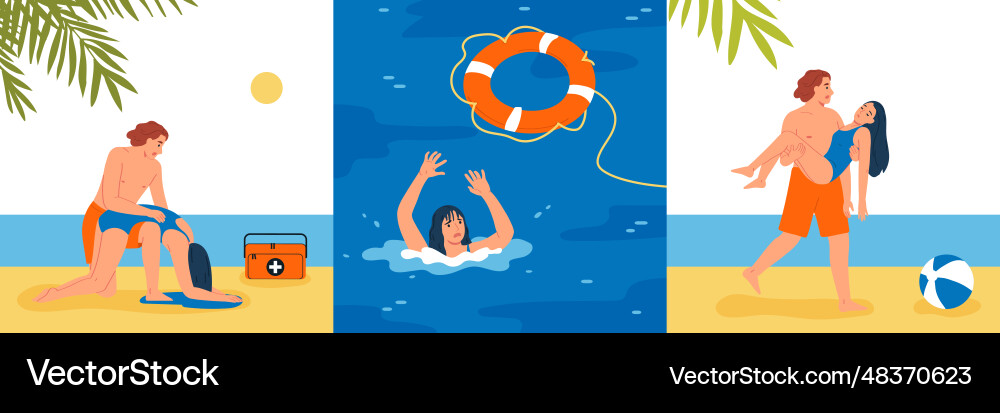Lifeguards square compositions set Vector Image
