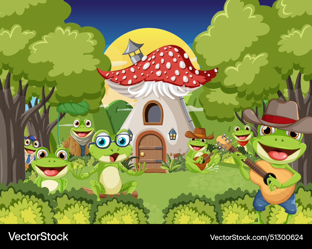 Frogs playing music near mushroom house Frogs playing music near mushroom house vector image