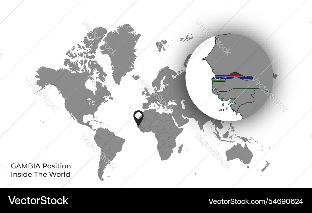 Gambia position inside the world with flag in map Vector Image