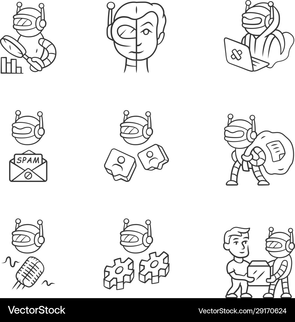 Internet bots lineare Icons setzen Hacker Stimme Spam Internet bots lineare Icons setzen Hacker Stimme Spam Vektorbild