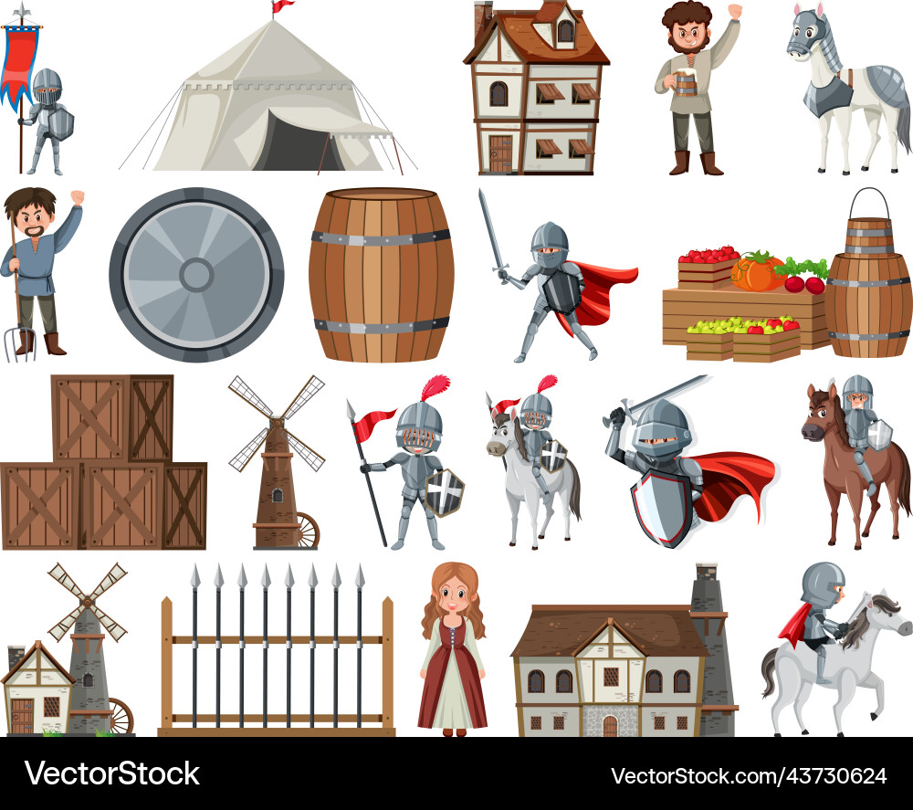 Medieval cartoon characters and objects vector image
