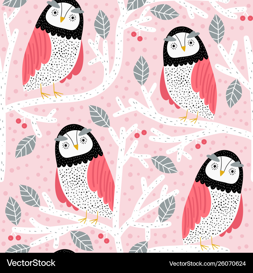 Owl Tree Seamless Pattern Vector Image