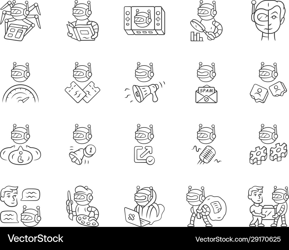 Bot-Typen lineare Icons setzen Crawler Hacker Spambot Bot-Typen lineare Icons setzen Crawler Hacker Spambot vektorbild