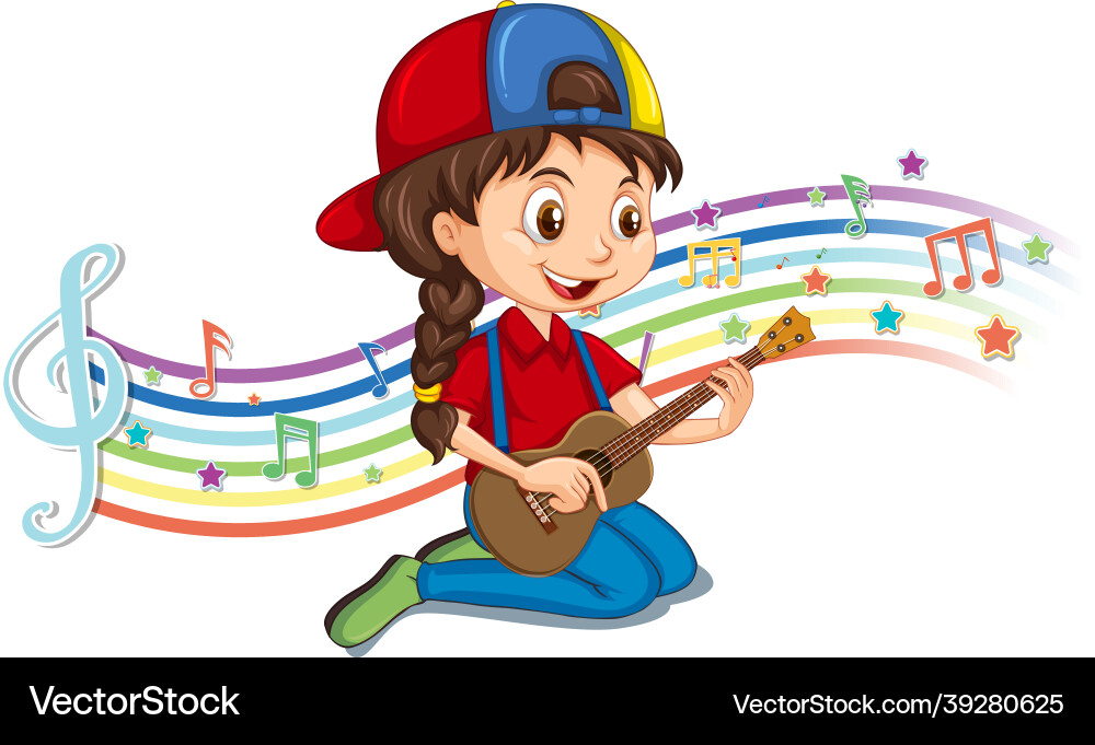Mädchen spielen Gitarre mit Melodie-Symbolen Mädchen spielen Gitarre mit Melodie-Symbolen vektorbild