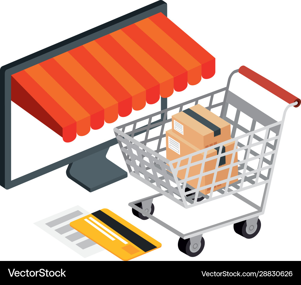 Cart shopping and computer with icons Vector Image