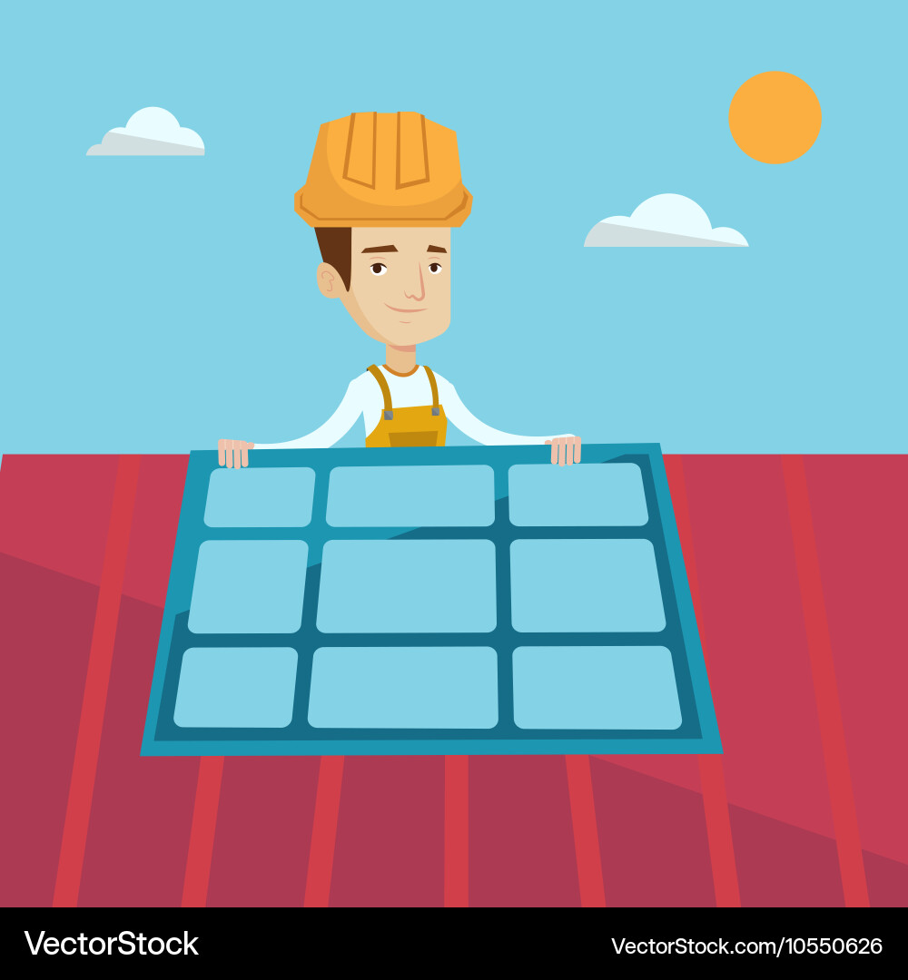 Constructor installing solar panel vector image