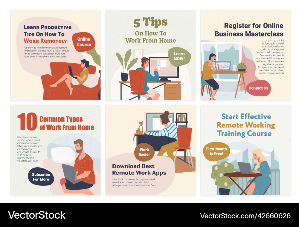 Remote-Work-Tipps Kurs auf Social Media Post Set Remote-Work-Tipps Kurs auf Social Media Post Set vektorbild