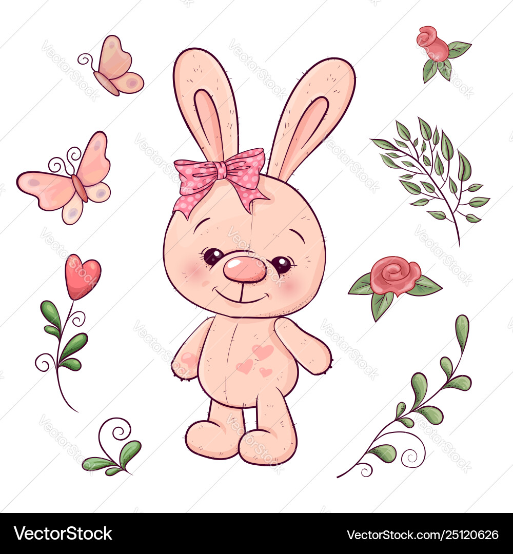 Set little bunny and flowers hand drawing Set little bunny and flowers hand drawing vector image