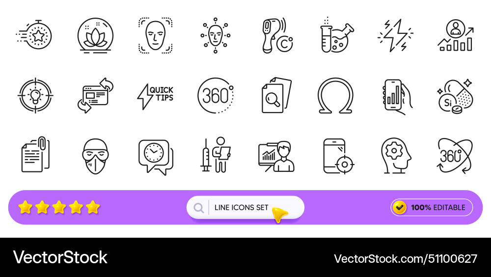 360 degrees full rotation and timer line icons 360 degrees full rotation and timer line icons vector image