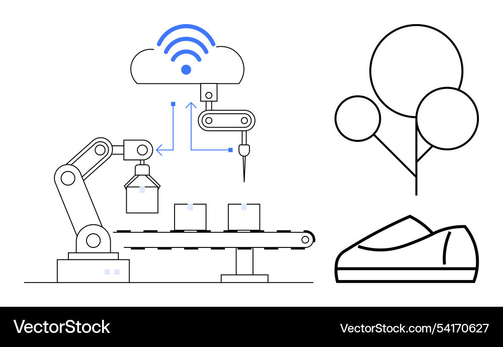 Automated assembly line with robotic arm cloud Automated assembly line with robotic arm cloud vector image
