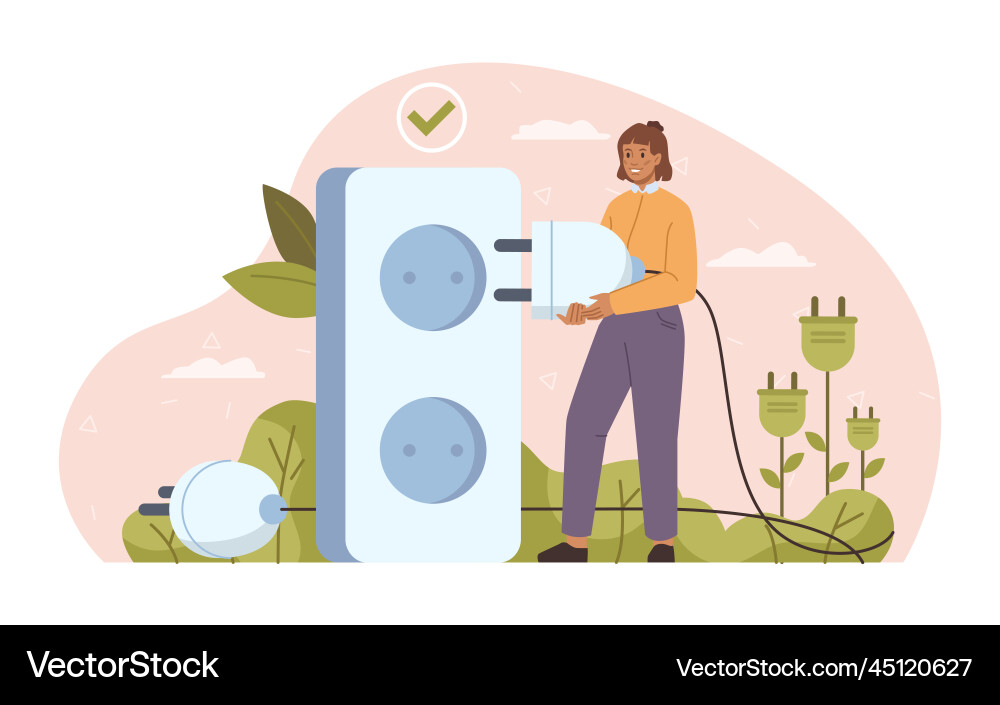 Green energy saving woman put socket in outlet Green energy saving woman put socket in outlet vector image