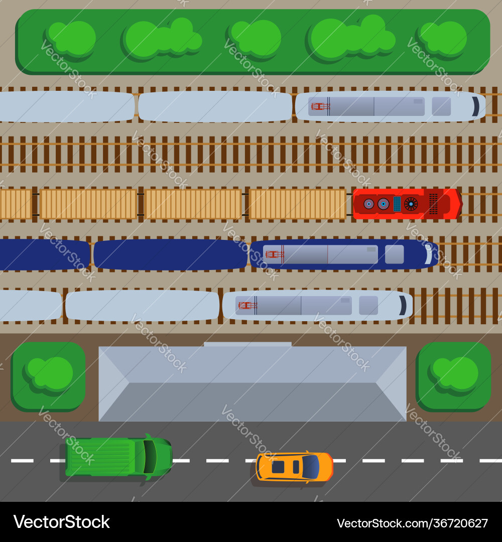 Railroad top view with trains and rails platform Railroad top view with trains and rails platform vector image