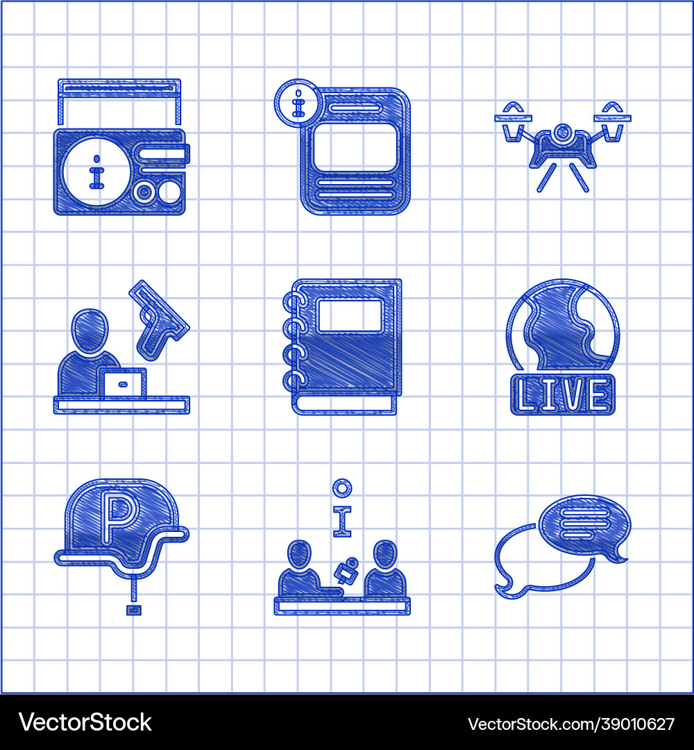 Set notebook interview speech bubble chat live Vector Image