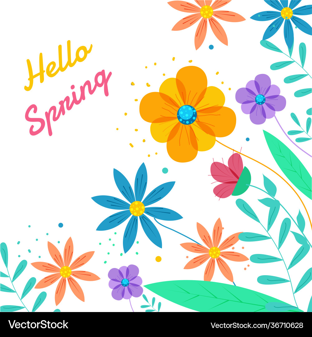 Hello spring font with colorful flowers vector image