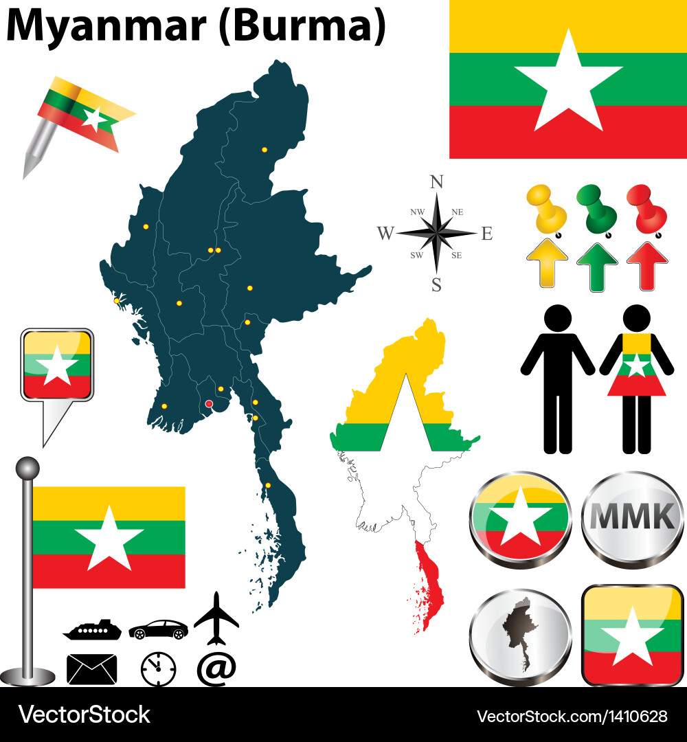 Myanmar Map with Borders and Flags vector image
