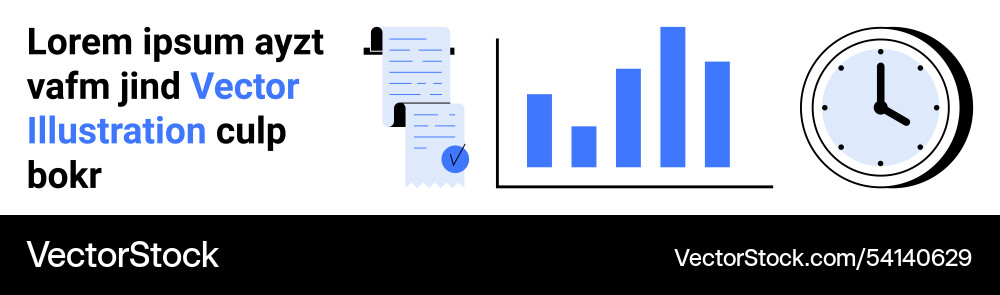 Blue bar graph clock and documents with text Blue bar graph clock and documents with text Vector Image