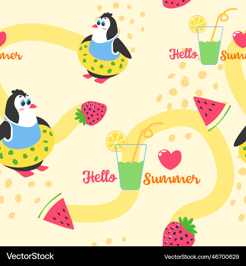 Cute penguin character with lifebuoy and juice vector image