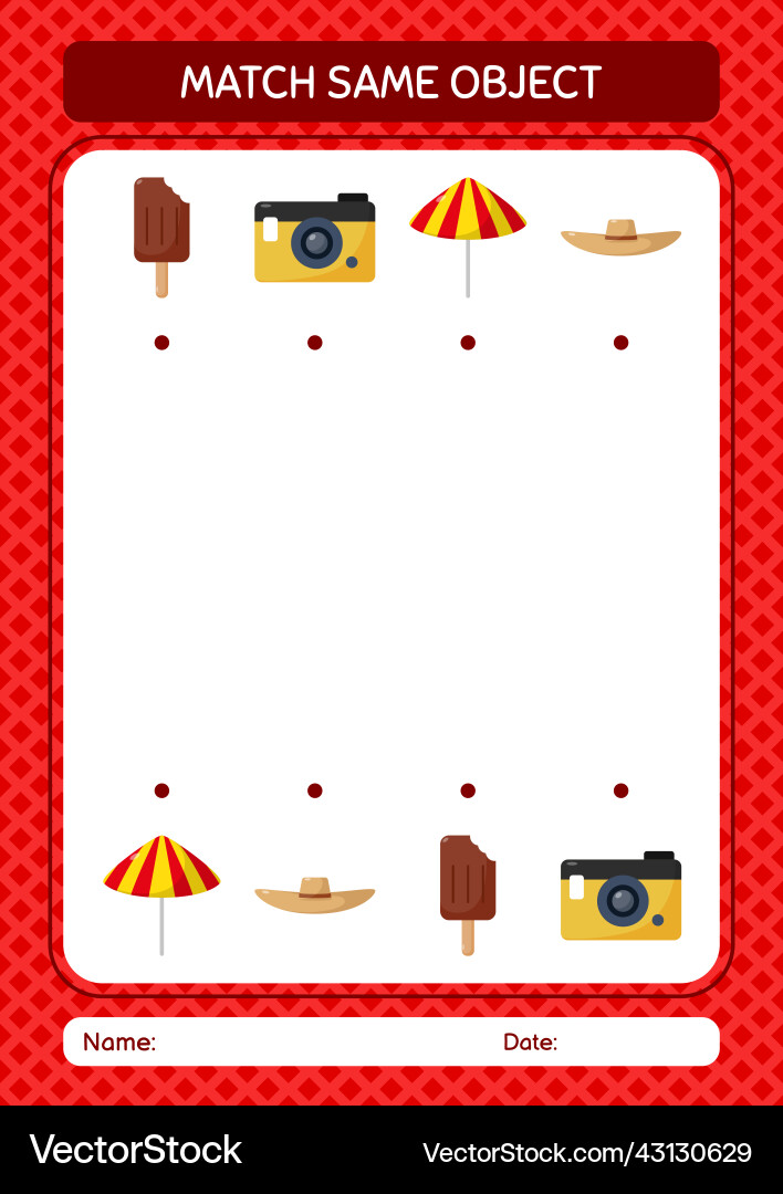 Match with same object game summer icon worksheet Vector Image