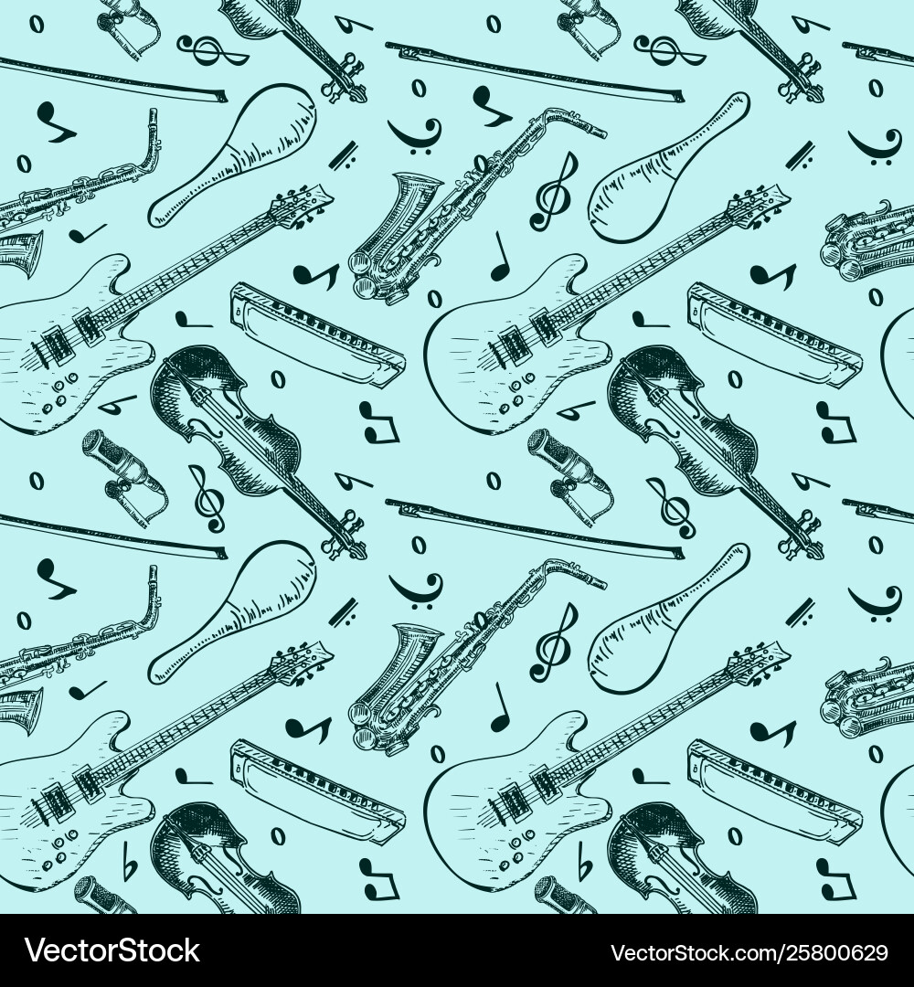 Musical instruments seamless pattern with hand Musical instruments seamless pattern with hand vector image