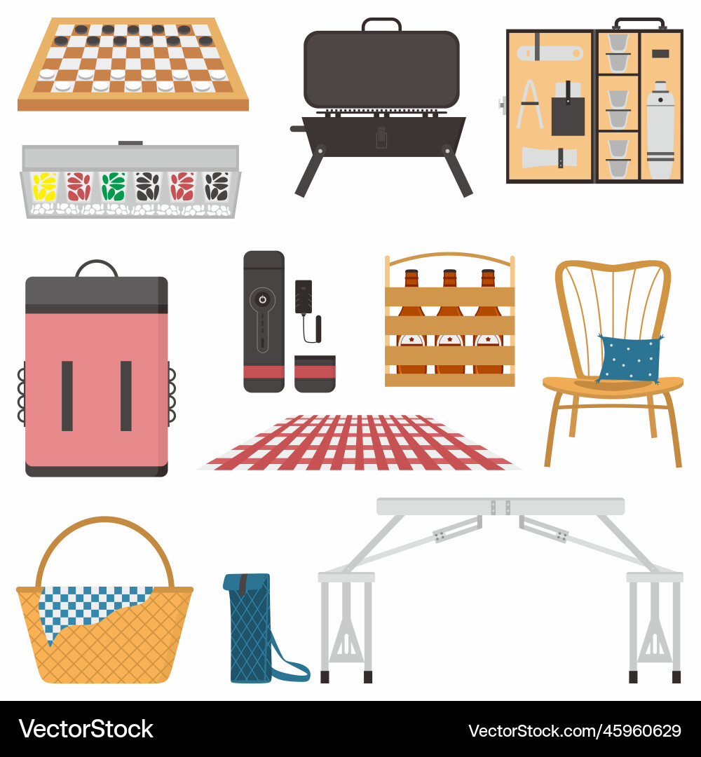 Picnic attributes flat color object set basket Picnic attributes flat color object set basket vector image