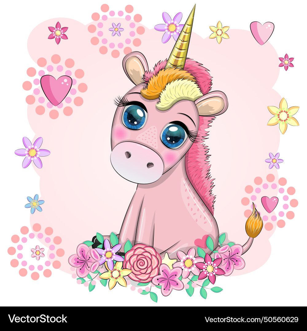 Pink unicorn pony sitting cute baby card Pink unicorn pony sitting cute baby card vector image