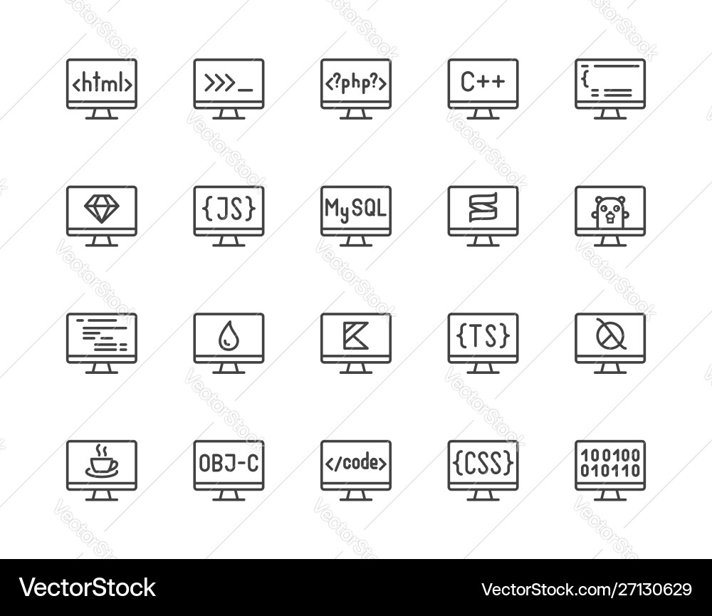 Programmiersprachen Flat Line Icons set html Programmiersprachen Flat Line Icons set html vektorbild